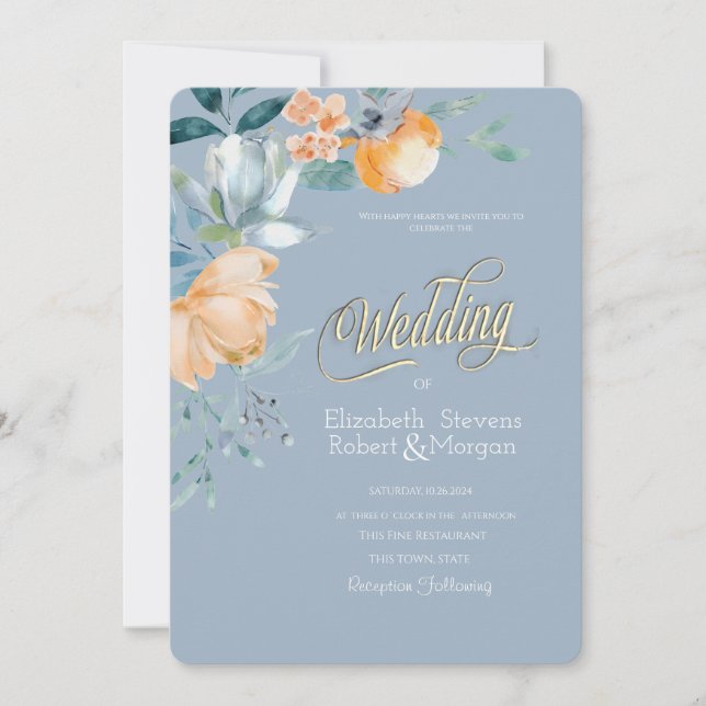 Watercolor Flowers Dusty Blue Wedding Inbjudningar (Framsida)