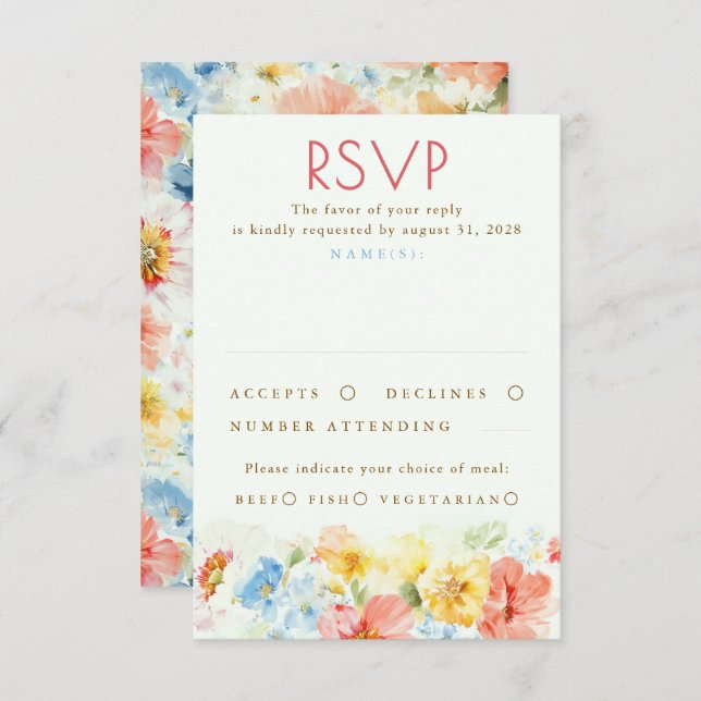Watercolor Flowers Elegant Wedding RSVP OSA Kort (Fram/baksida)