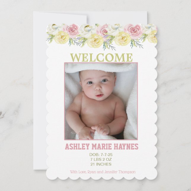 Watercolor Flowers Girls Photo Baby-meddelande Meddelande (Framsida)