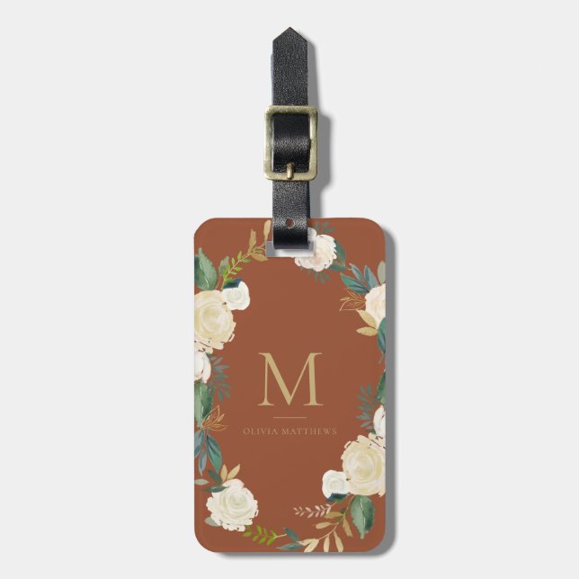 Watercolor Flowers Gold Foil Monogram Terracotta Bagagebricka (Vertikal Framsida)