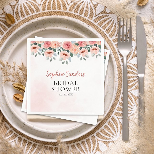 Watercolor Flowers Peach Color Boho Bridal Shower Pappersservett (Skapare uppladdad)