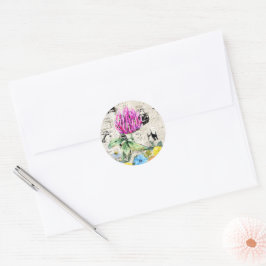 Watercolor Flowers, Wildblommor, Vintage Newspaper Runt Klistermärke