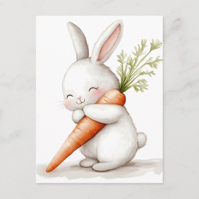 Watercolor Fluffy Bunny Carrot Kärlek Helg Vykort (Framsida)