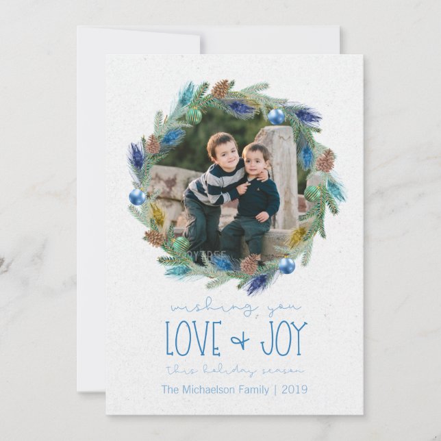 Watercolor Foliage Peacock Feather Wreath Photo Julkort (Framsida)