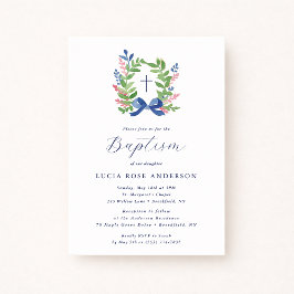 Watercolor Foliage Wreath Blue Bow Baptism  Inbjudningar