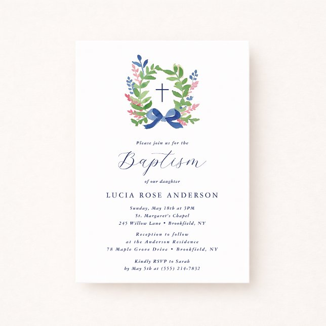 Watercolor Foliage Wreath Blue Bow Baptism  Inbjudningar (Skapare uppladdad)