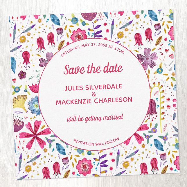 Watercolor för Wildblomma Spara datum Inbjudningar (Wildflower watercolor Save the Date card)