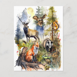 Watercolor Forest Animals Hjort, Fox, Badger och Vykort