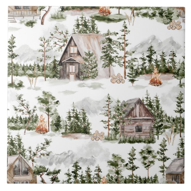 Watercolor Forest Cabin Mönster Kakelplatta (Framsidan)