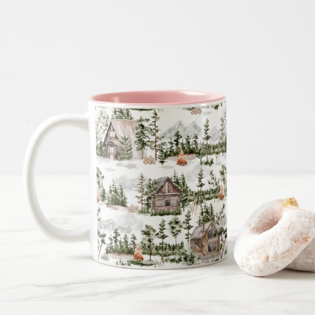 Watercolor Forest Cabin Mönster Två-Tonad Mugg (Med munk)