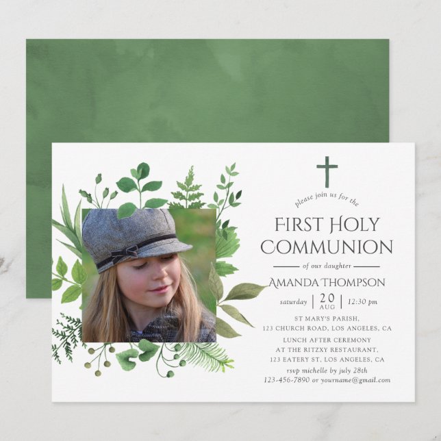 Watercolor Forest Greenery First Heliga Communion Inbjudningar (Fram/baksida)