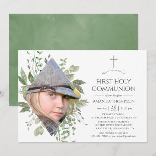 Watercolor Forest Greenery First Heliga Communion Inbjudningar