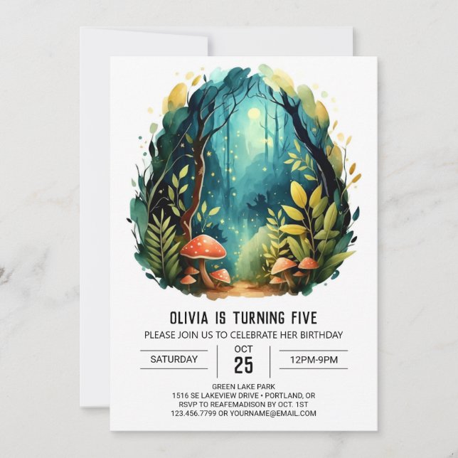 Watercolor Forest Kids Woodland Birthday Inbjudningar (Framsida)