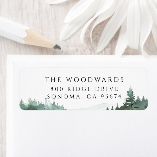 Watercolor Forest Mountain Lake  Returadress Etikett (Insitu)