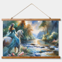Watercolor Forest River Horsewoman Dreamscape