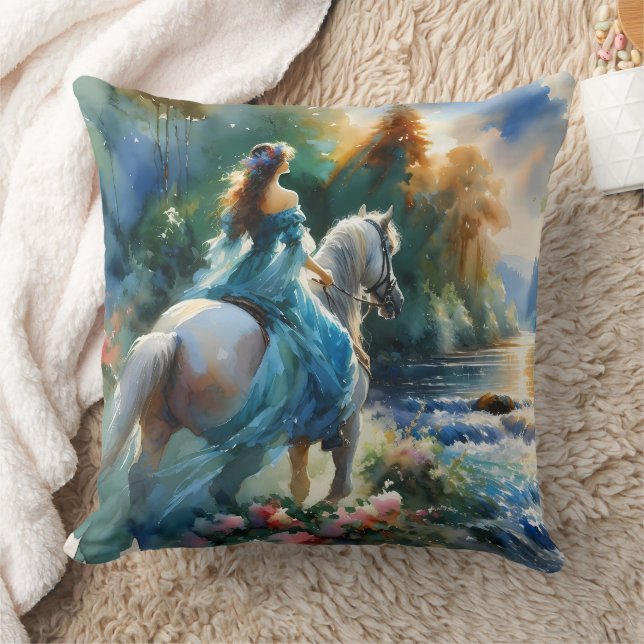 Watercolor Forest River Horsewoman Dreamscape Kudde (Filt)