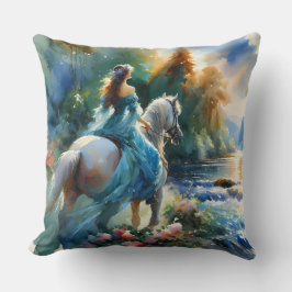 Watercolor Forest River Horsewoman Dreamscape Kudde