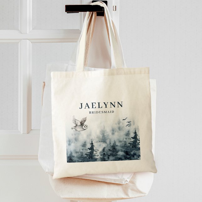 Watercolor Forest Uggla Bridesmaid Tygkasse (Watercolor Forest Owl Bridesmaid Tote Bag)