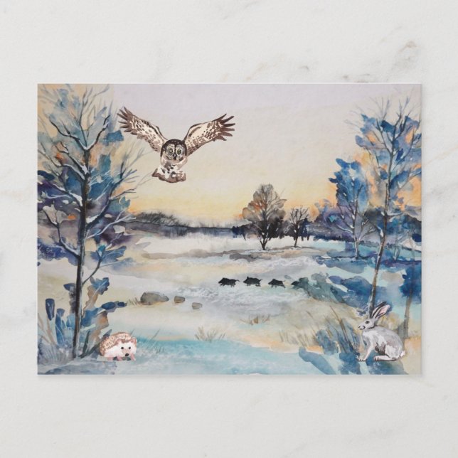 Watercolor Forest Uggla Rabbit Winter Landskap Vykort (Framsida)