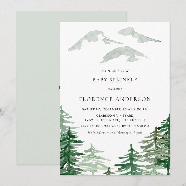 Watercolor Forest Winter Woodland Baby Sprinkle Inbjudningar (Fram/baksida)