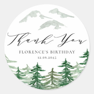 Watercolor Forest Woodland Birthday Tack Runt Klistermärke