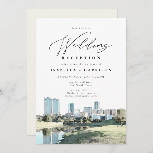 Watercolor Fort Worth Skyline Wedding Reception Inbjudningar (Fram/baksida)
