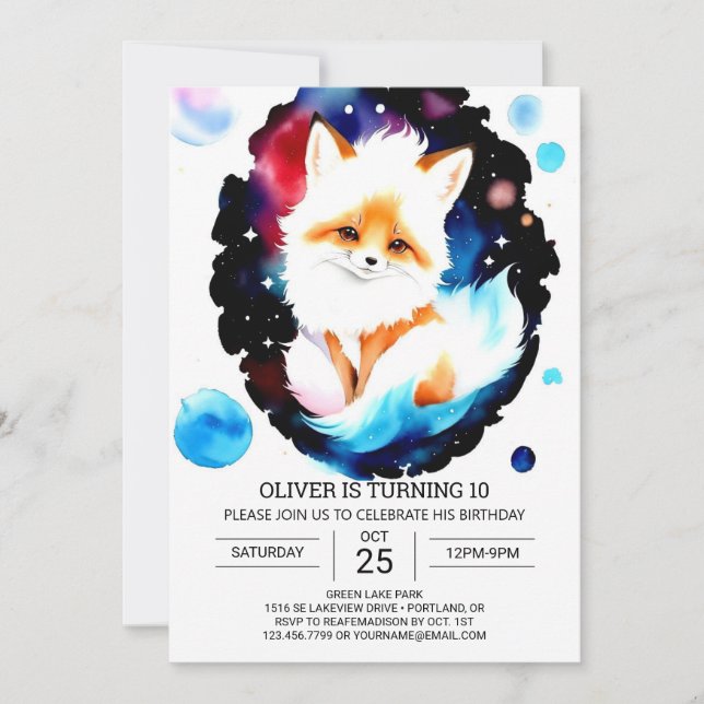 Watercolor Fox Birthday Äventyr Inbjudningar (Framsida)