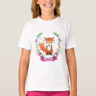 Watercolor Fox Blommigt Girl T-Shirt