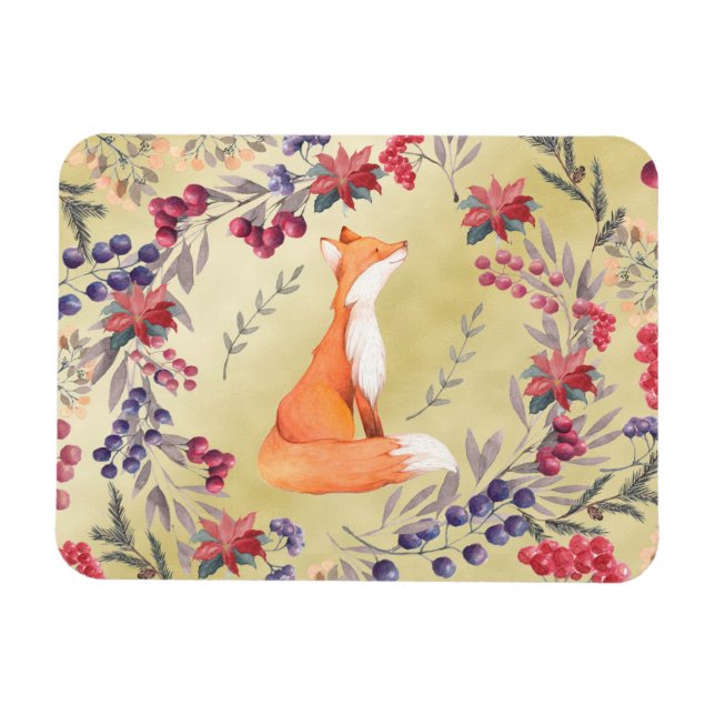 Watercolor Fox Winter Berries Guld Magnet (Horisontell)