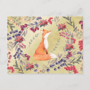 Watercolor Fox Winter Berries Guld Vykort