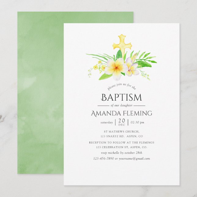 Watercolor Frangipani Baptism eller Christening Inbjudningar (Fram/baksida)