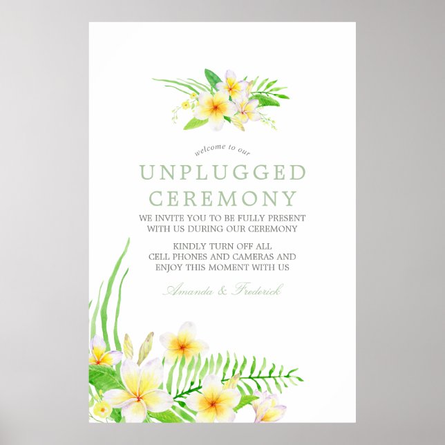 Watercolor Frangipani Bröllop Unplugged Ceremony Poster (Framsidan)