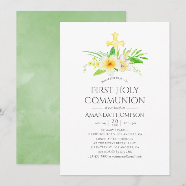 Watercolor Frangipani First Heliga Communion Inbjudningar (Fram/baksida)