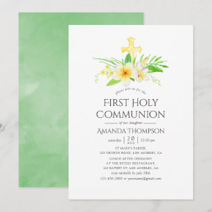 Watercolor Frangipani First Heliga Communion Inbjudningar