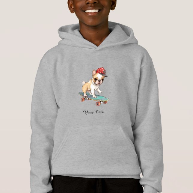 Watercolor Fransk Bulldog Kids Pullover Hoodie T Shirt (Framsida)