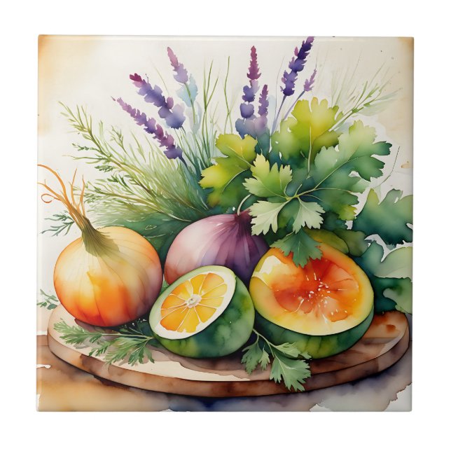Watercolor Fresh Herbs Citrus Arrangement Kakelplatta (Framsidan)