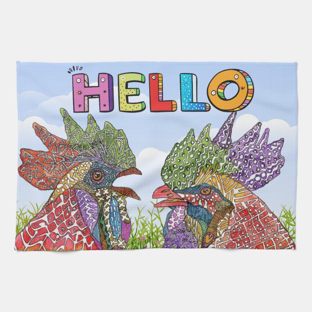 Watercolor Funny Farm Chicken Hej Kitchen Towel Kökshandduk (Horisontell)