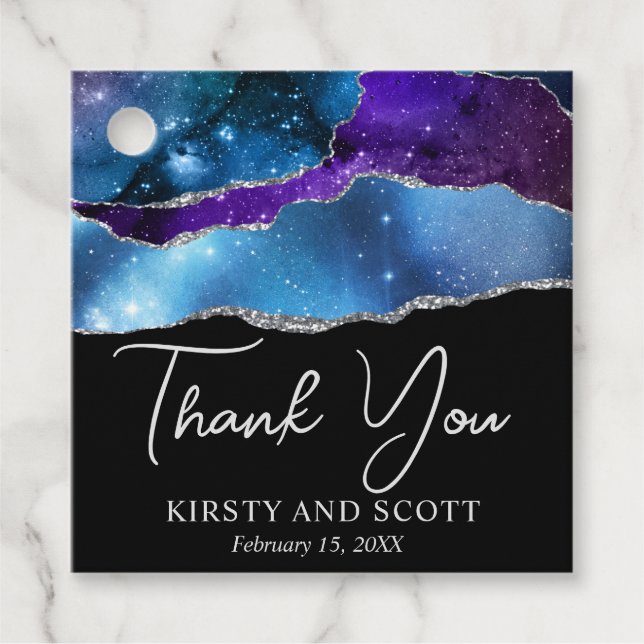 Watercolor Galaxy Glitter Agate Bröllop Gåvor Etiketter (Framsida)
