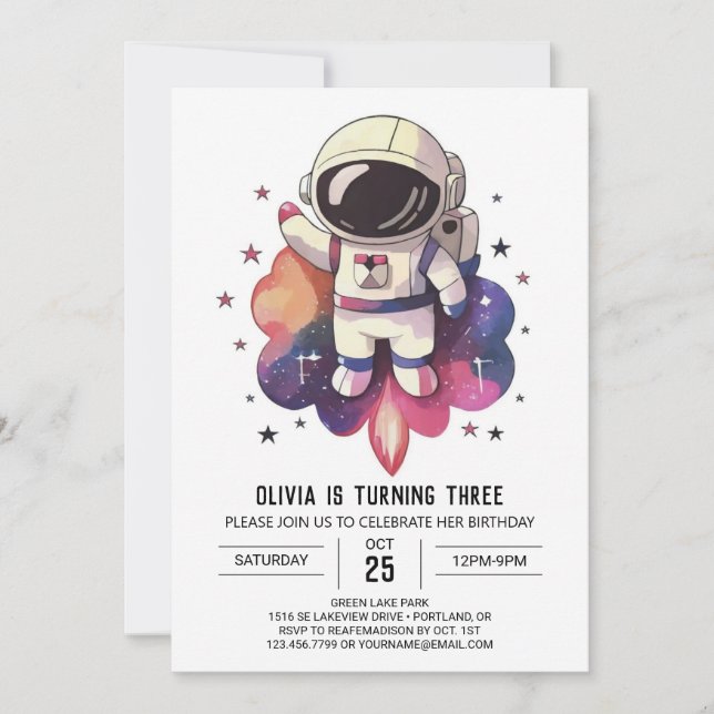 Watercolor Galaxy Wonderland Astronaut Birthday Inbjudningar (Framsida)