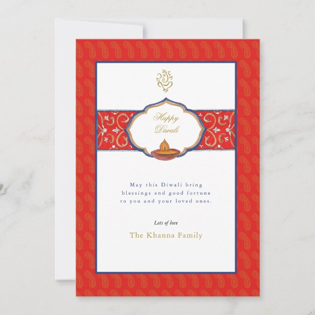 Watercolor Ganesh och Diya Diwali Hälsning Julkort (Framsida)