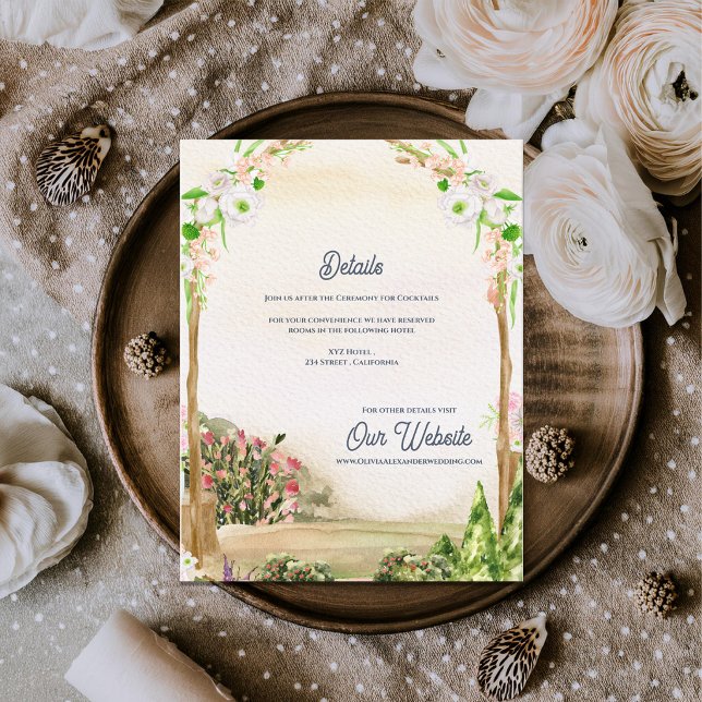 Watercolor Garden Arch Romantic Wedding Details Tilläggskort (Watercolor Garden Arch Wedding Details Enclosure Card Romantic Botanical Information Card)