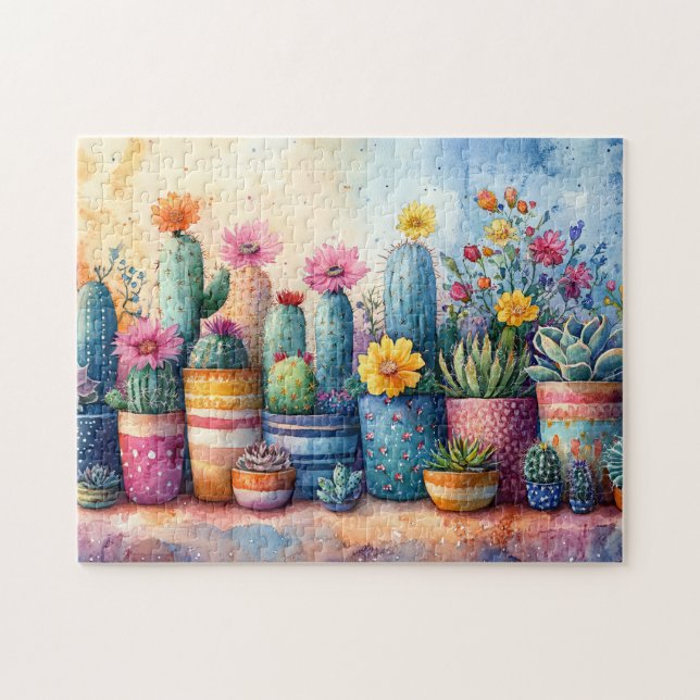 Watercolor Garden Cactus and Flowers Pussel (Horisontell)