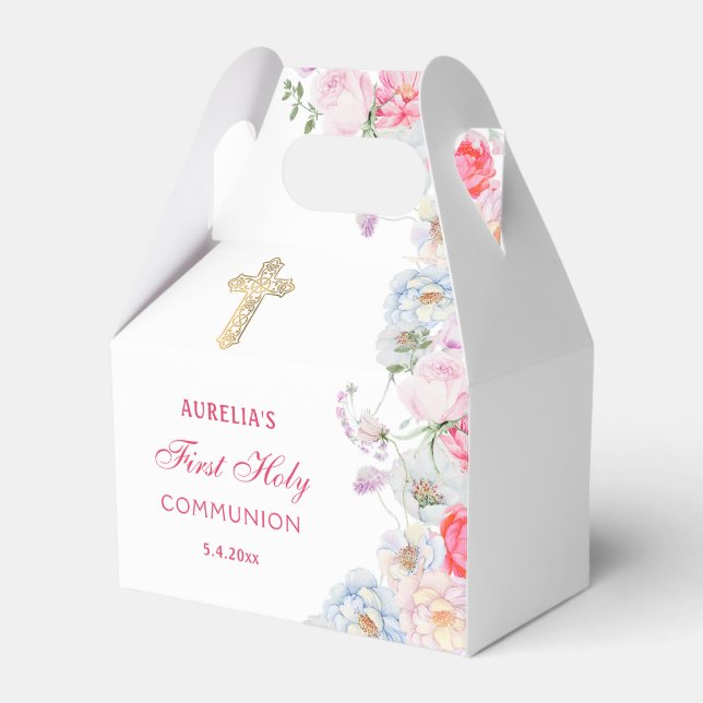 Watercolor Garden Flowers First Communion Gable Presentaskar (Framsidan Sidan)