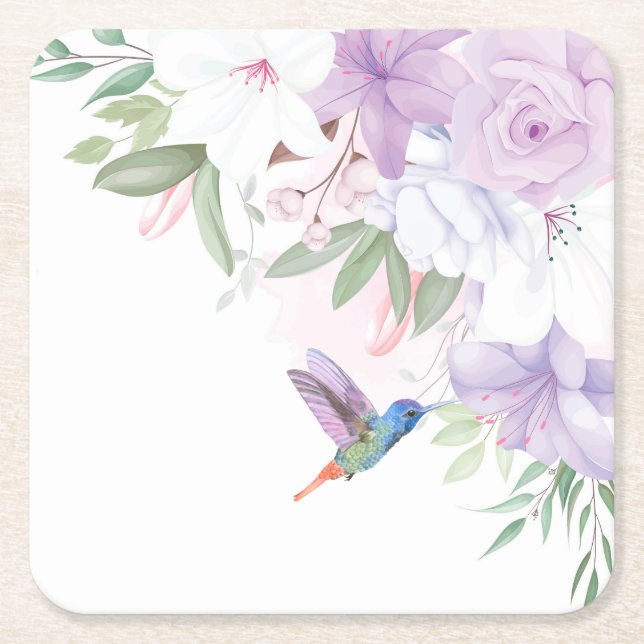 Watercolor Garden Flowers Hummingbird Bird Underlägg Papper Kvadrat (Framsidan)