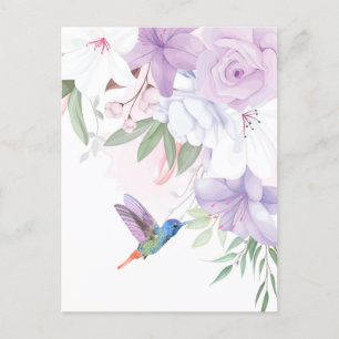 Watercolor Garden Flowers Hummingbird Bird Vykort
