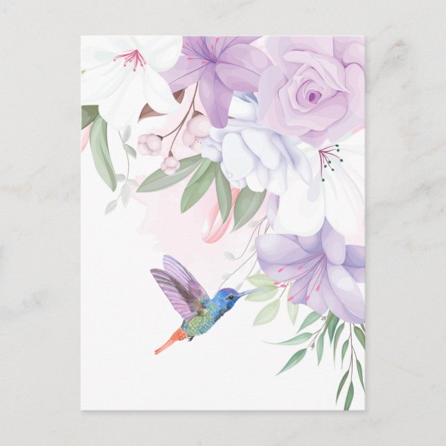 Watercolor Garden Flowers Hummingbird Bird Vykort (Framsida)