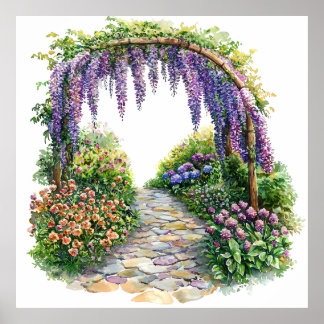 Watercolor Garden Gate Flowery Painting Poster