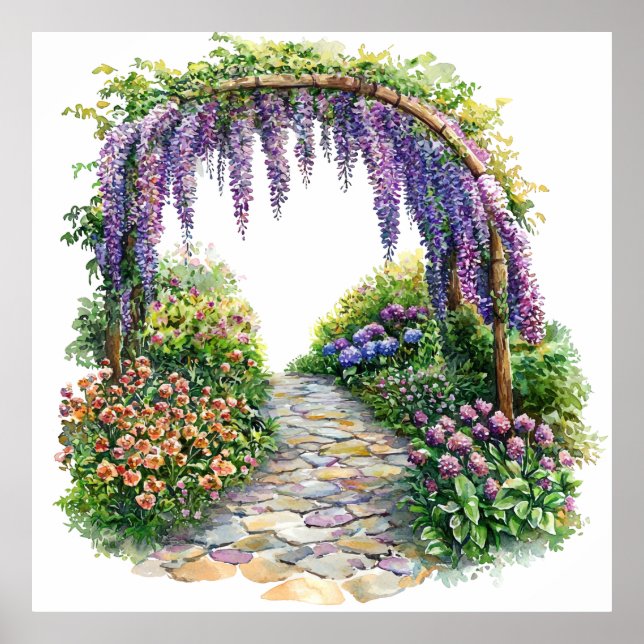 Watercolor Garden Gate Flowery Painting Poster (Framsidan)