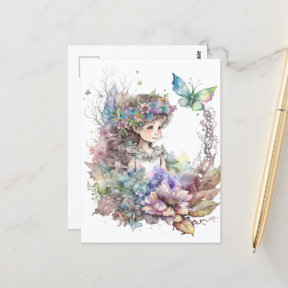 Watercolor Garden Girl - Butterfly Vykort