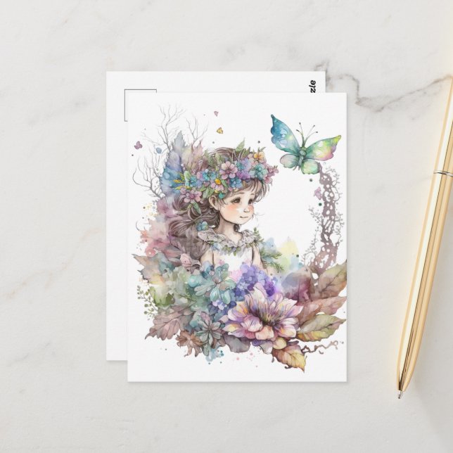 Watercolor Garden Girl - Butterfly Vykort (Fram/Back In Situ)